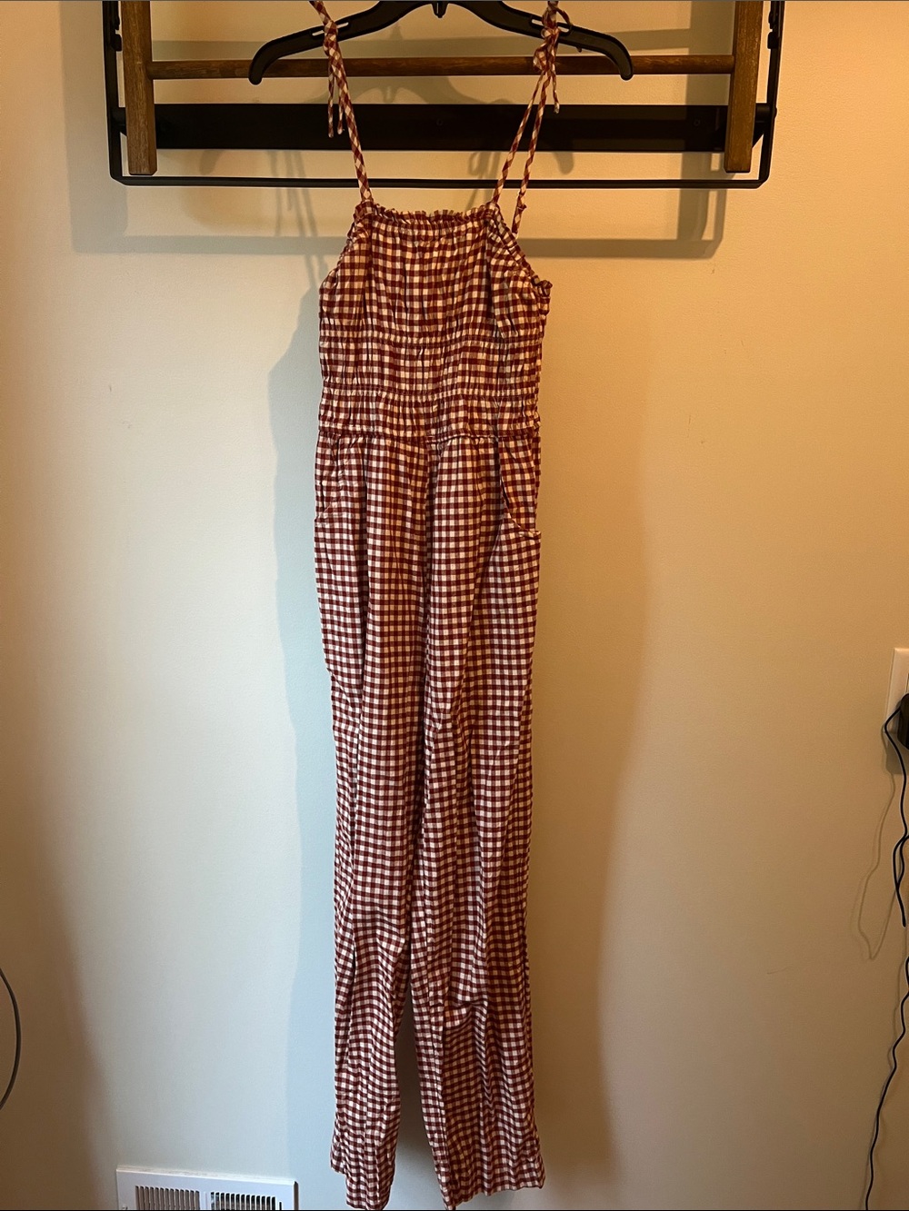 Sincerely Jules Rust & White Gingham Smocked Jumpsuit